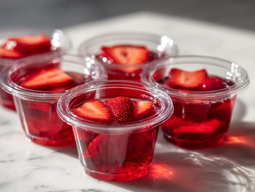 six individual strawberry jello portion cups with lids lined up on white marble counter for weekly meal prep