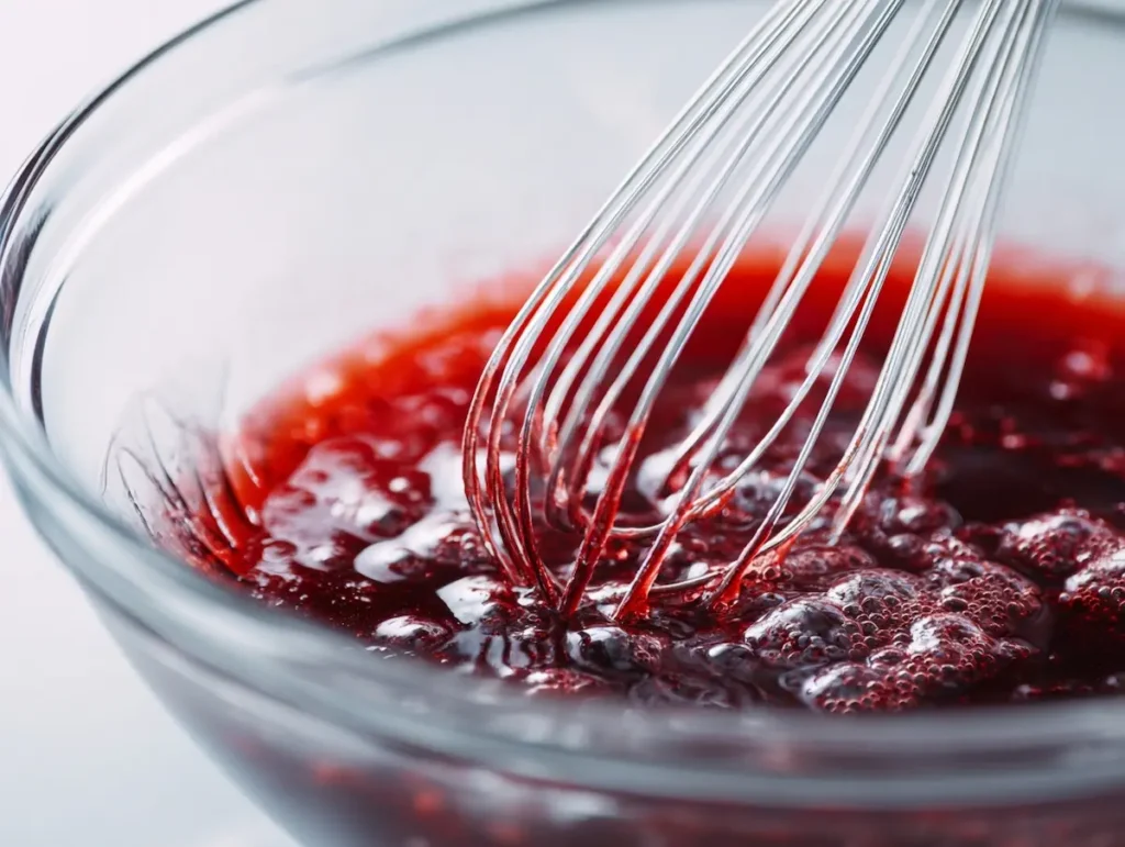 whisking strawberry jello gelatin powder into boiling water in large clear glass bowl