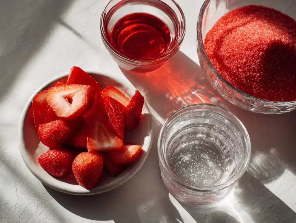 strawberry jello ingredients on white surface including gelatin powder packet measuring cups and fresh sliced strawberries