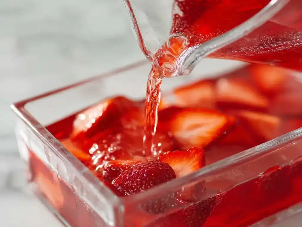 liquid strawberry jello being poured into clear glass rectangular mold with strawberry slices inside