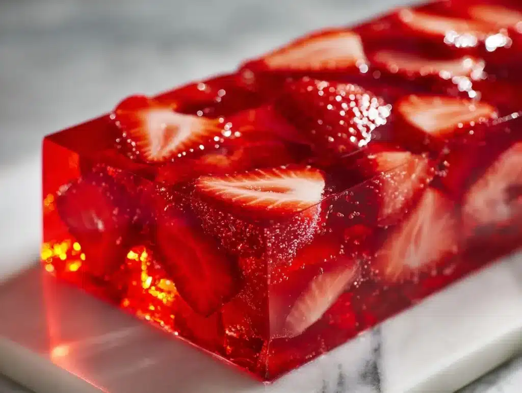 close up angled shot of classic strawberry jello with fresh strawberry slices set in clear glass dish on white marble