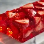 close up angled shot of classic strawberry jello with fresh strawberry slices set in clear glass dish on white marble