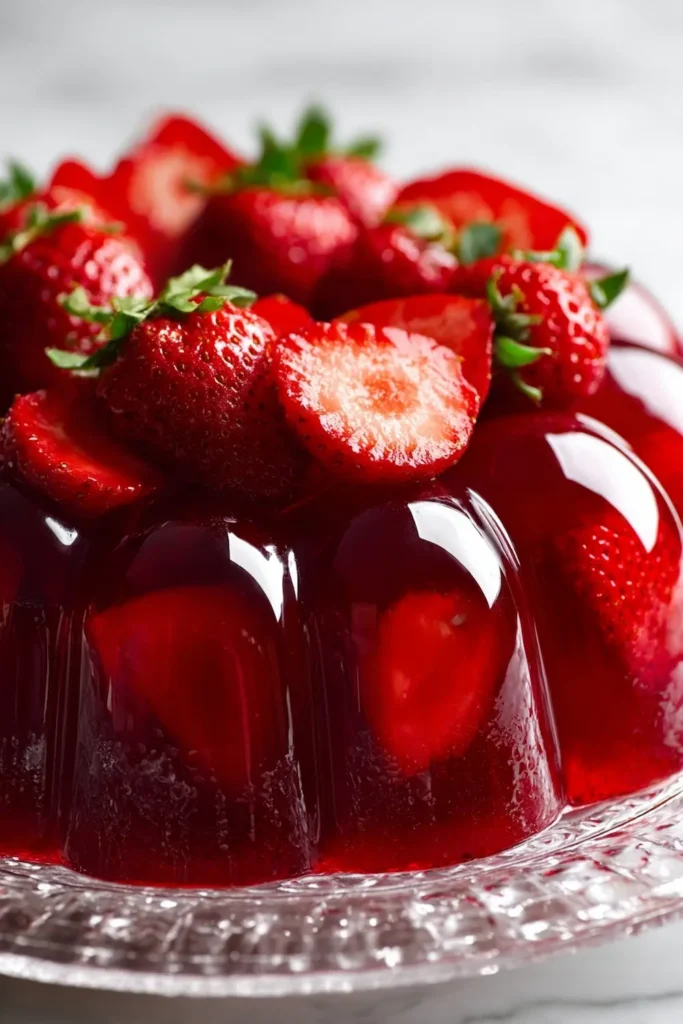 strawberry jello recipe with fresh strawberries in clear glass dish on white marble perfect summer dessert