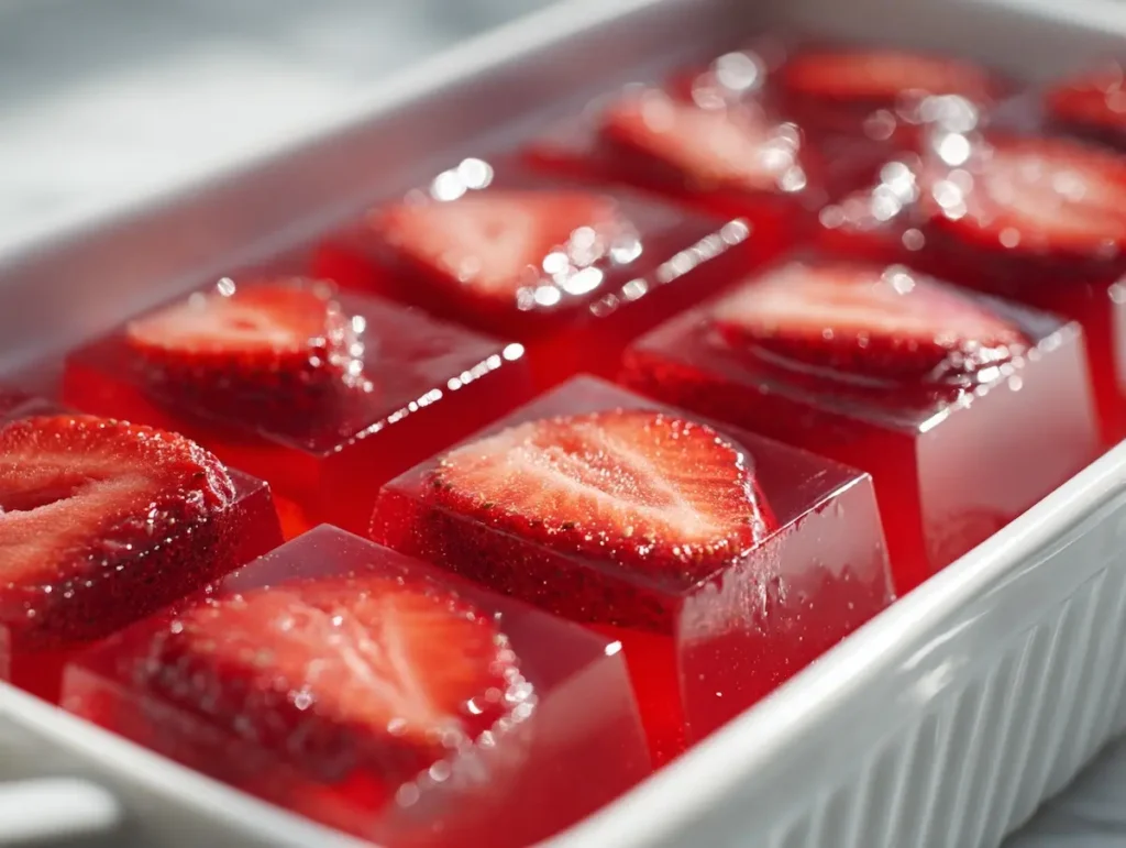 perfectly set strawberry jello sliced into clean squares in white baking dish with strawberry slices visible inside each piece