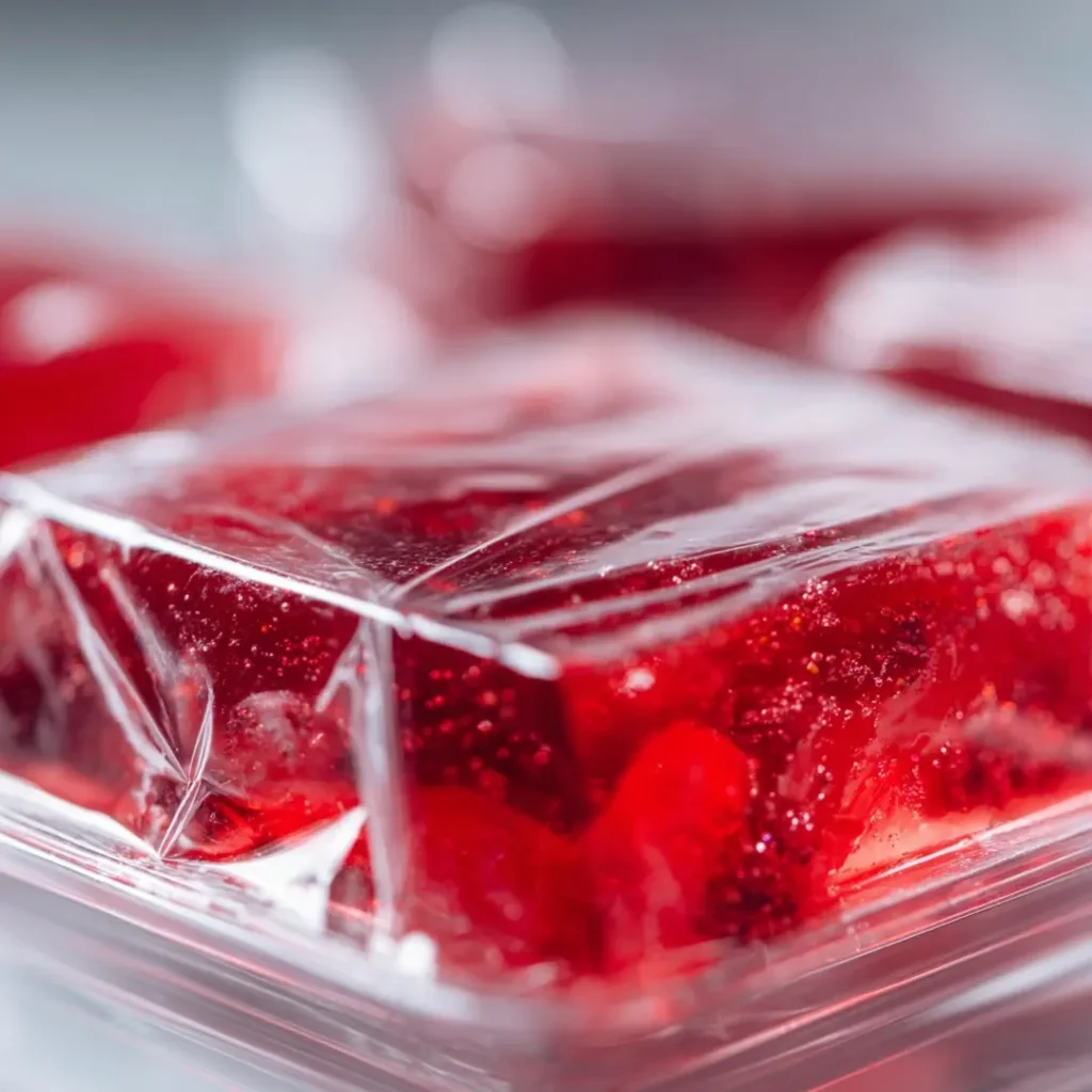 strawberry jello in glass dish covered with plastic wrap stored in refrigerator for up to five days