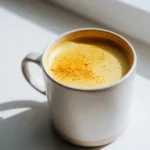creamy turmeric with piperine latte in a white mug on a bright kitchen counter