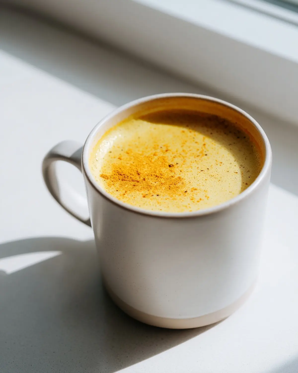 creamy turmeric with piperine latte in a white mug on a bright kitchen counter
