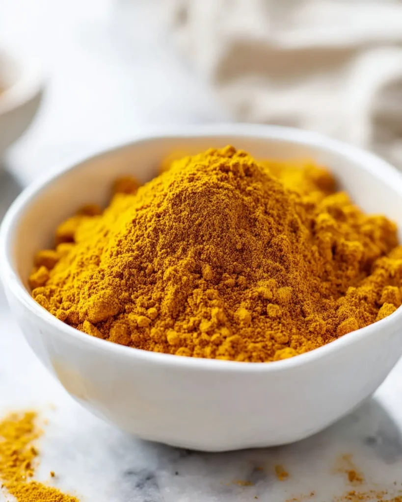 turmeric with piperine spice blend in a white bowl on a light counter