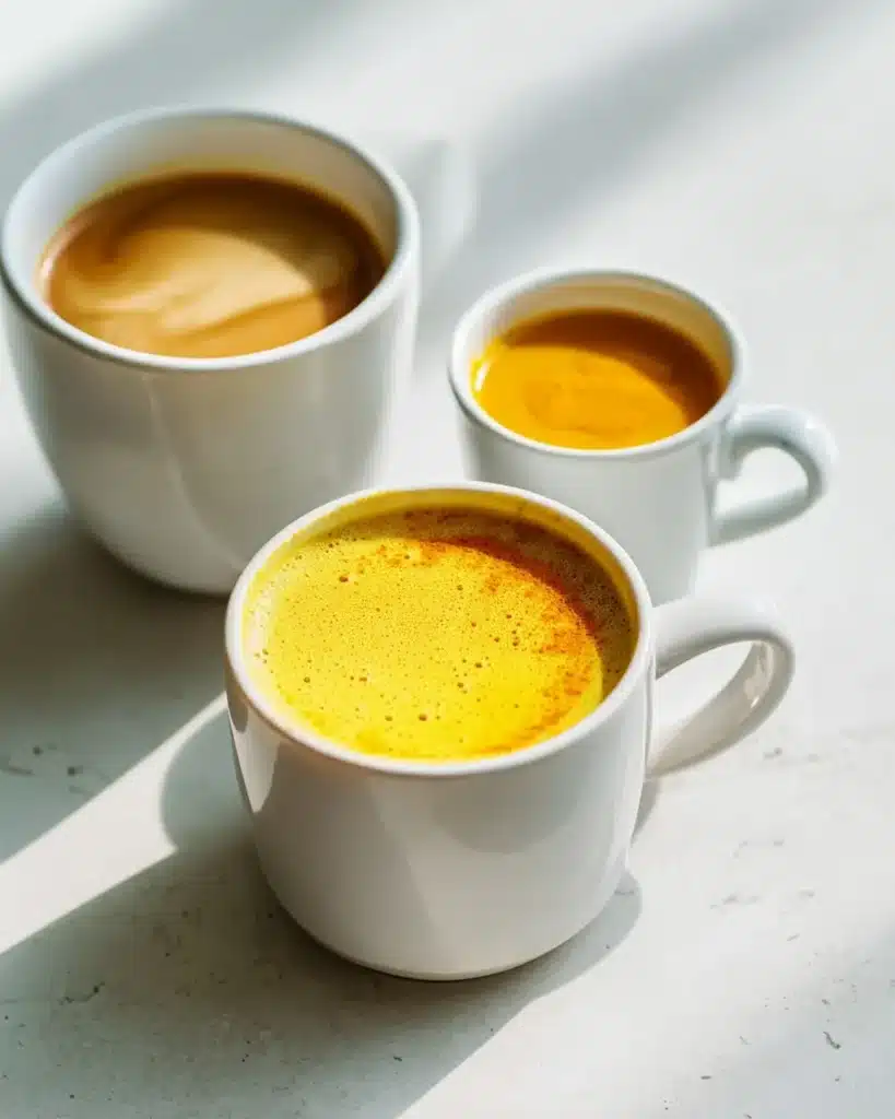 turmeric with piperine tea latte and shot arranged together on a light counter