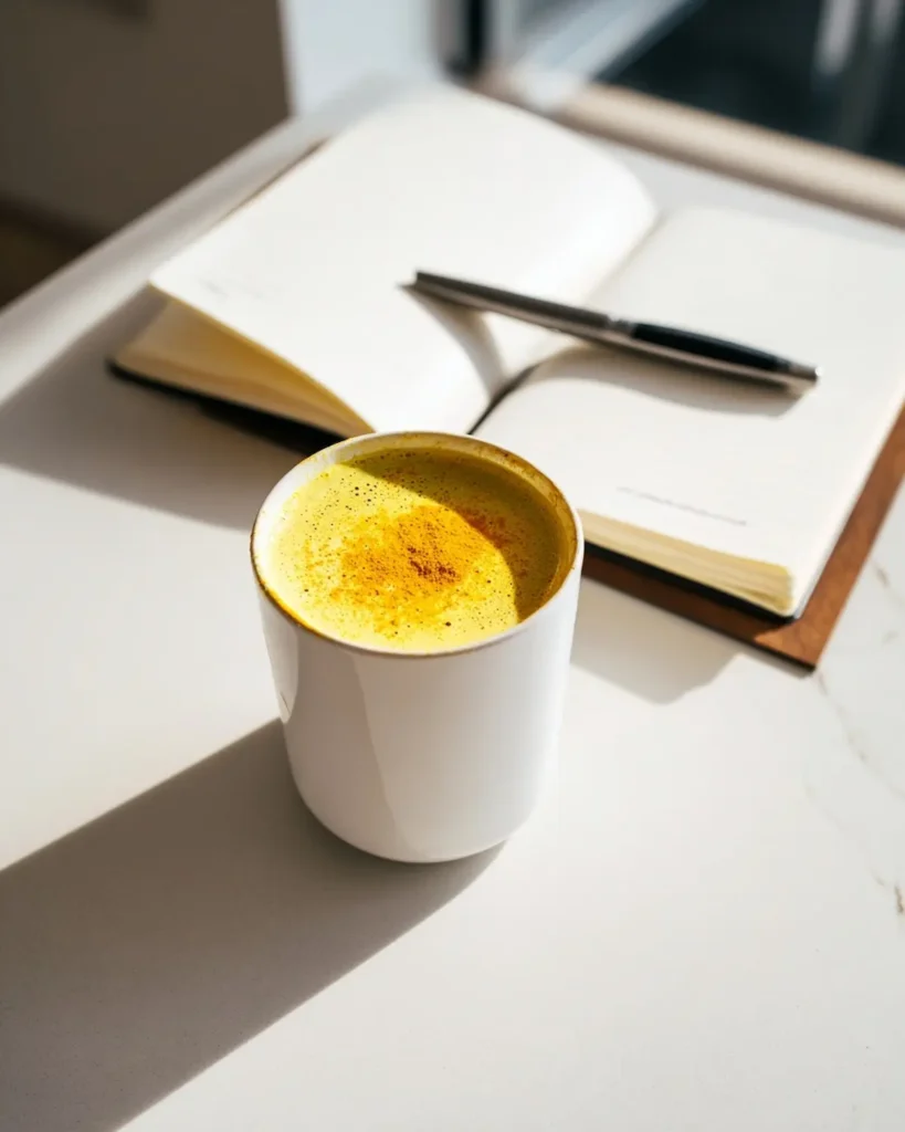 turmeric with piperine latte next to notebook on a bright kitchen table