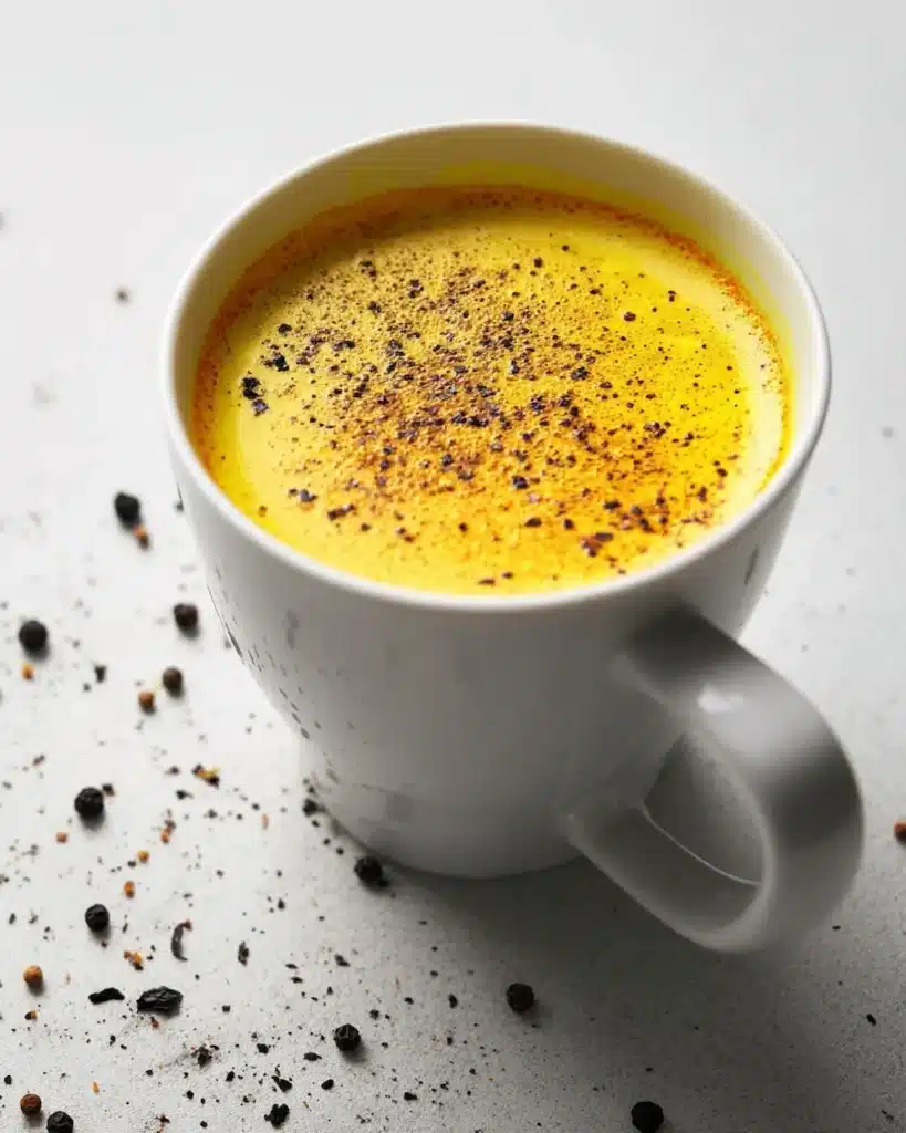turmeric with piperine drink showing too much black pepper on top in a white mug