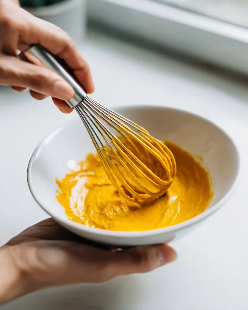 hand whisking turmeric with piperine paste in a small white bowl