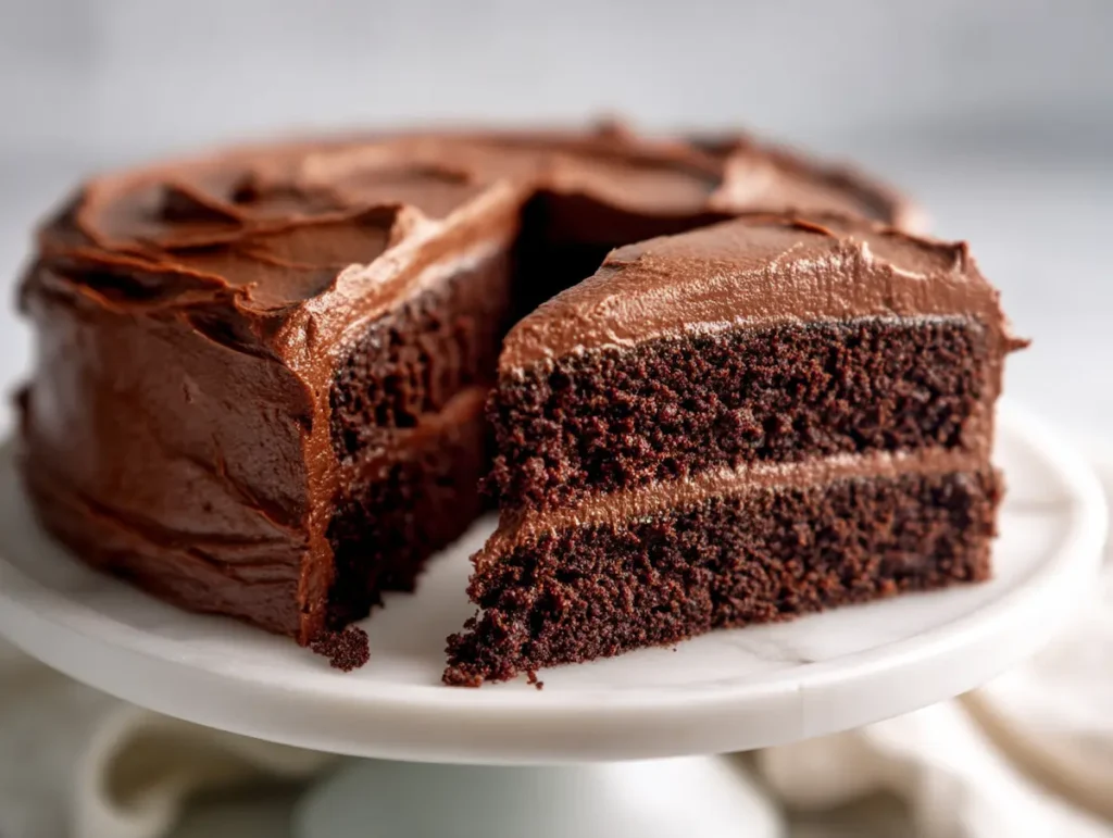 moist vegan chocolate cake slice with thick chocolate frosting on white ceramic cake stand