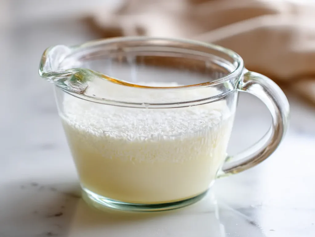plant milk curdling with apple cider vinegar in glass measuring cup to make vegan buttermilk