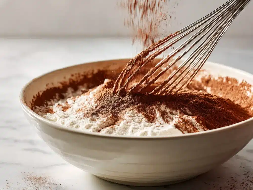 Dutch-process cocoa powder flour and sugar whisked together in large white mixing bowl