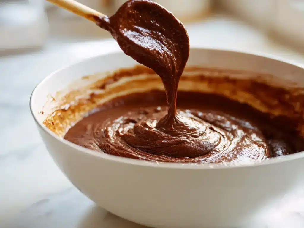 applesauce oil and vegan buttermilk poured into chocolate cake dry ingredients in mixing bowl