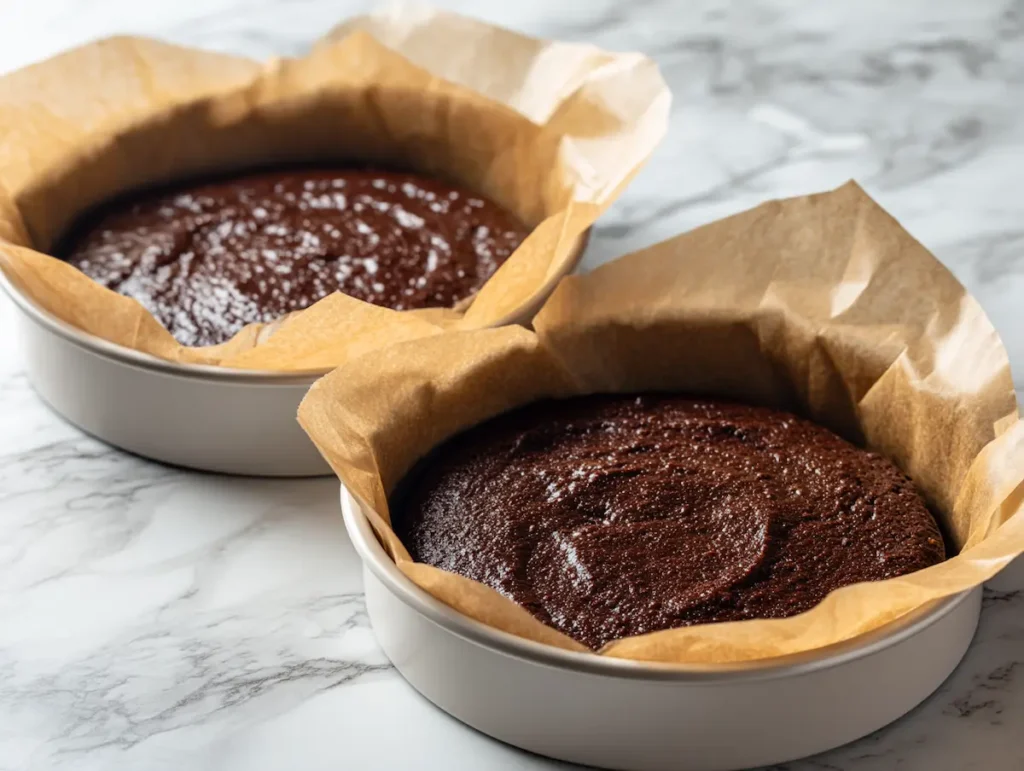 vegan chocolate cake batter divided into two parchment-lined 9-inch round pans ready to bake
