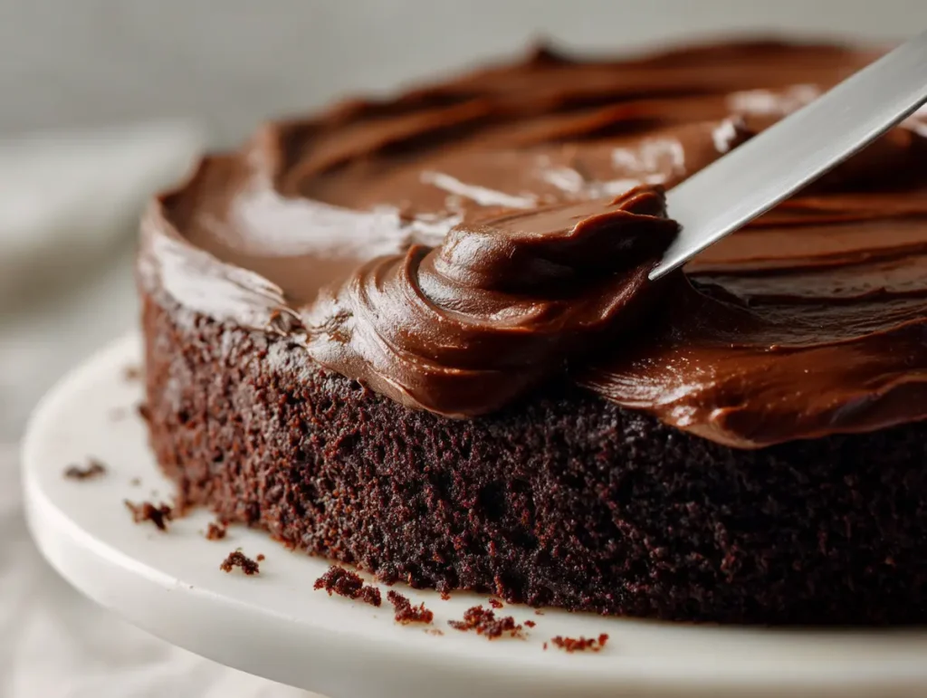 offset spatula spreading vegan chocolate buttercream frosting on chocolate cake layer on white stand