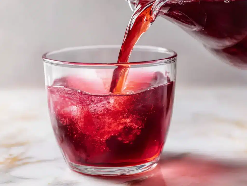 gelatin trick gelatide recipe step 4 adding cranberry juice turning drink pink in clear glass