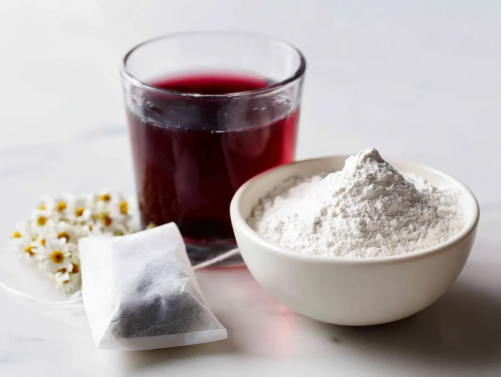 what is the gelatin trick gelatide is based on ingredients: unflavored gelatin powder, chamomile tea bag, and tart cherry juice on white surface