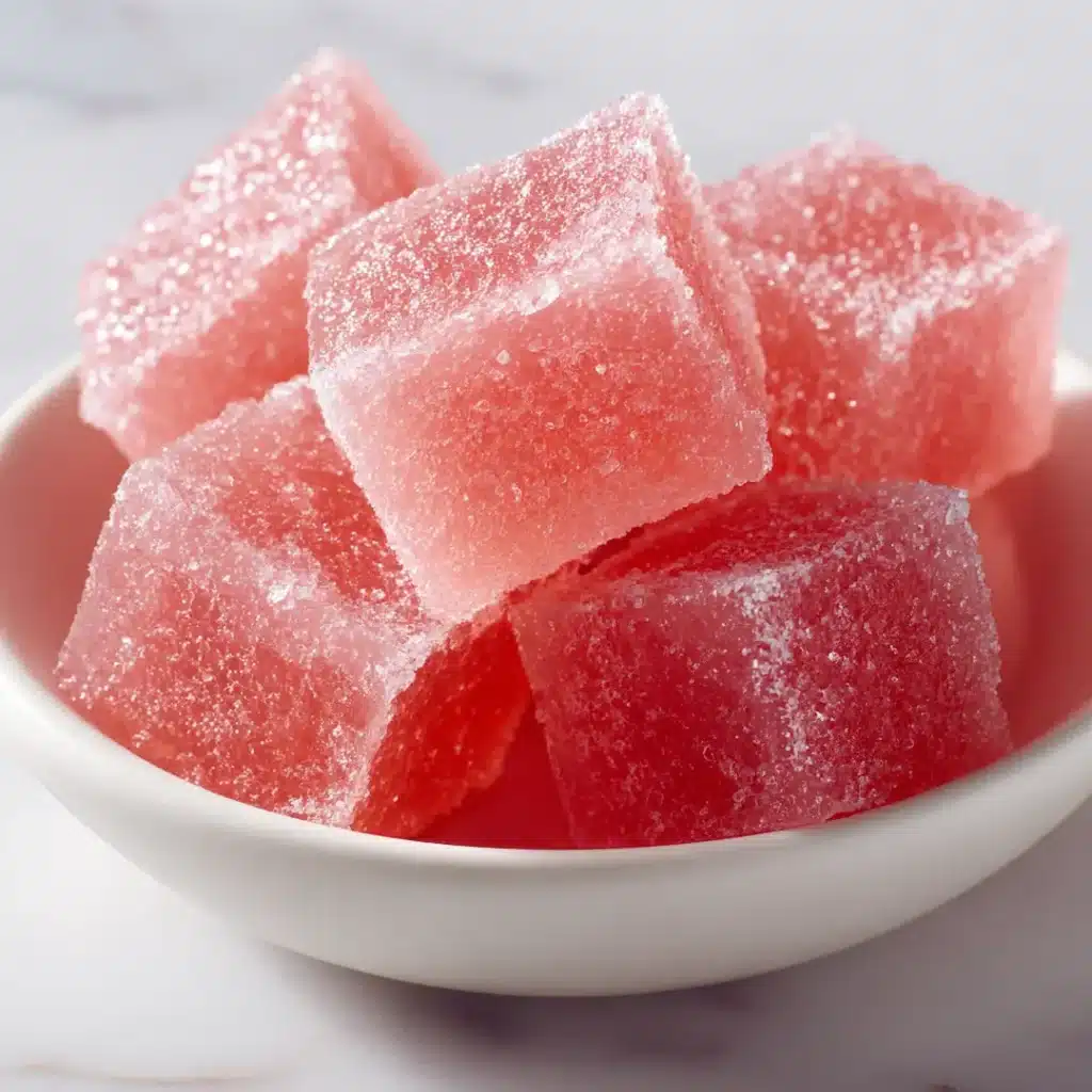 gelatin trick gelatide chilled version showing soft pink jelly cubes set in white ceramic bowl