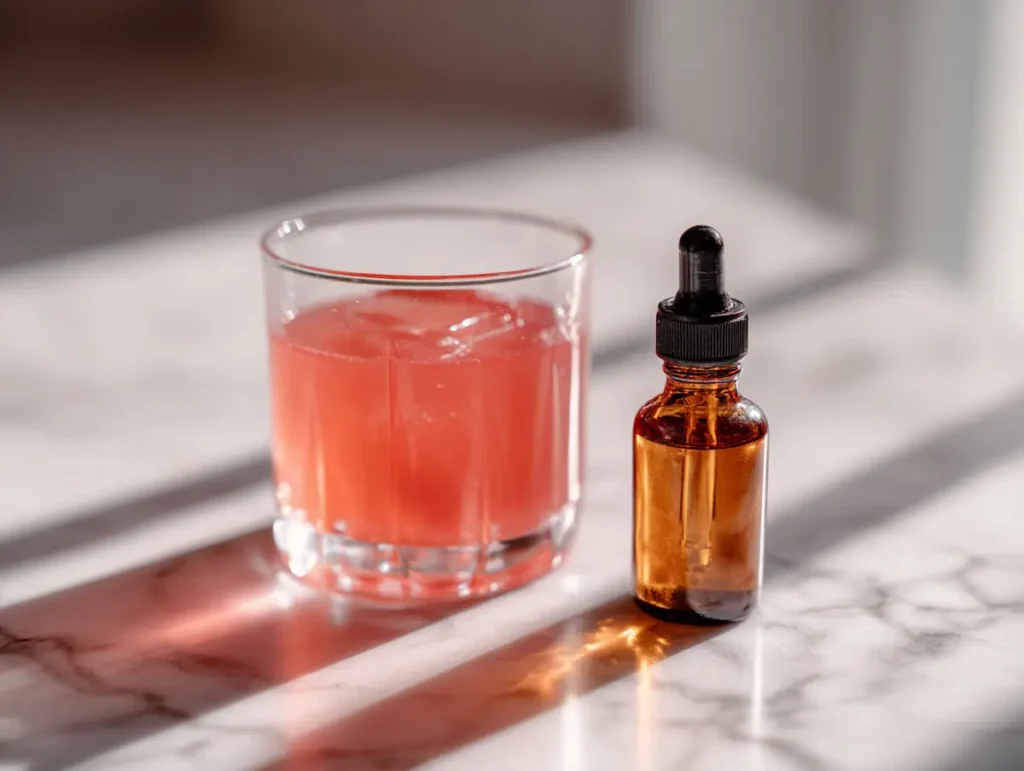 what is the gelatin trick gelatide drops versus homemade pink gelatin drink side by side on white marble