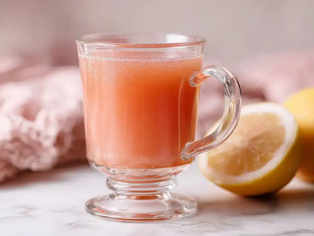 what is the gelatin trick gelatide is based on finished warm pink drink in clear glass ready to consume before meal