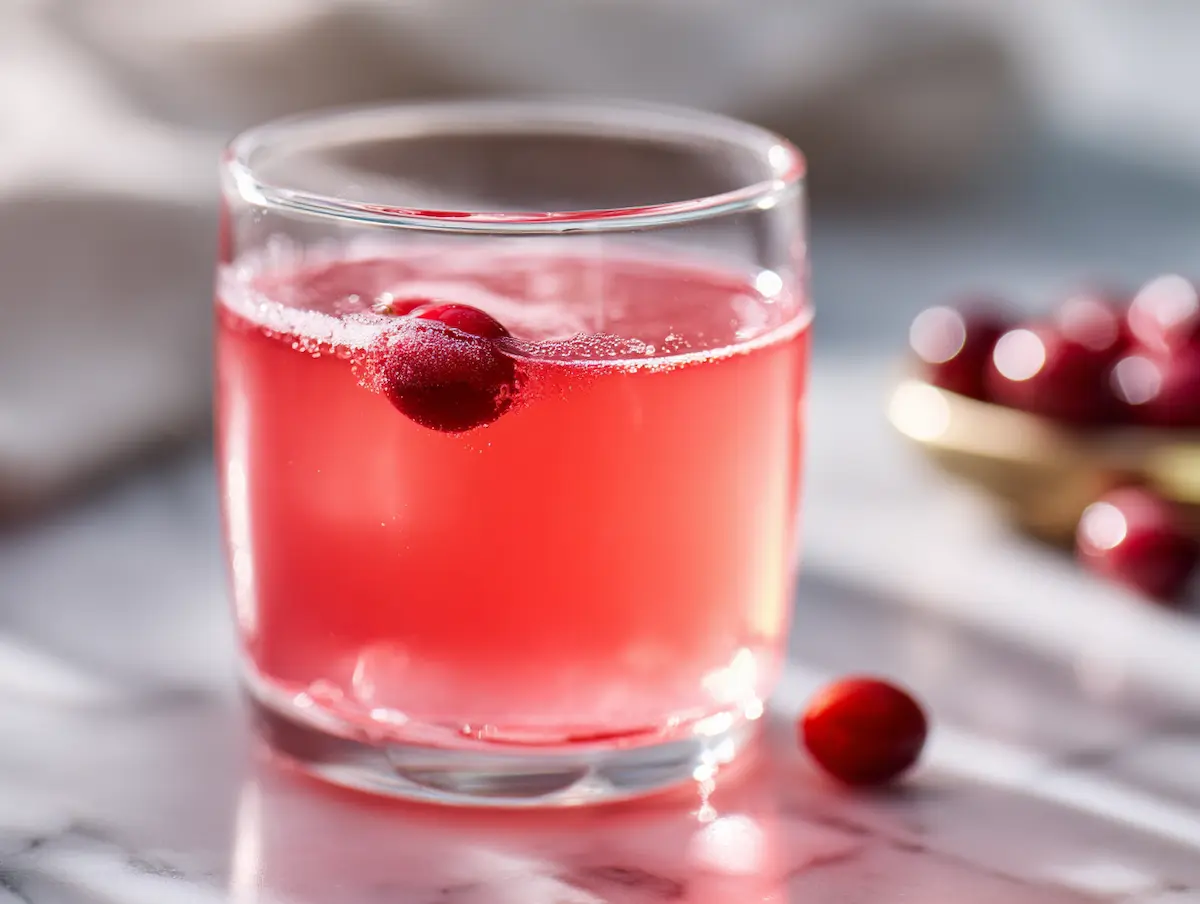 what is the gelatin trick gelatide is based on shown as warm pink gelatin drink in clear glass on white marble