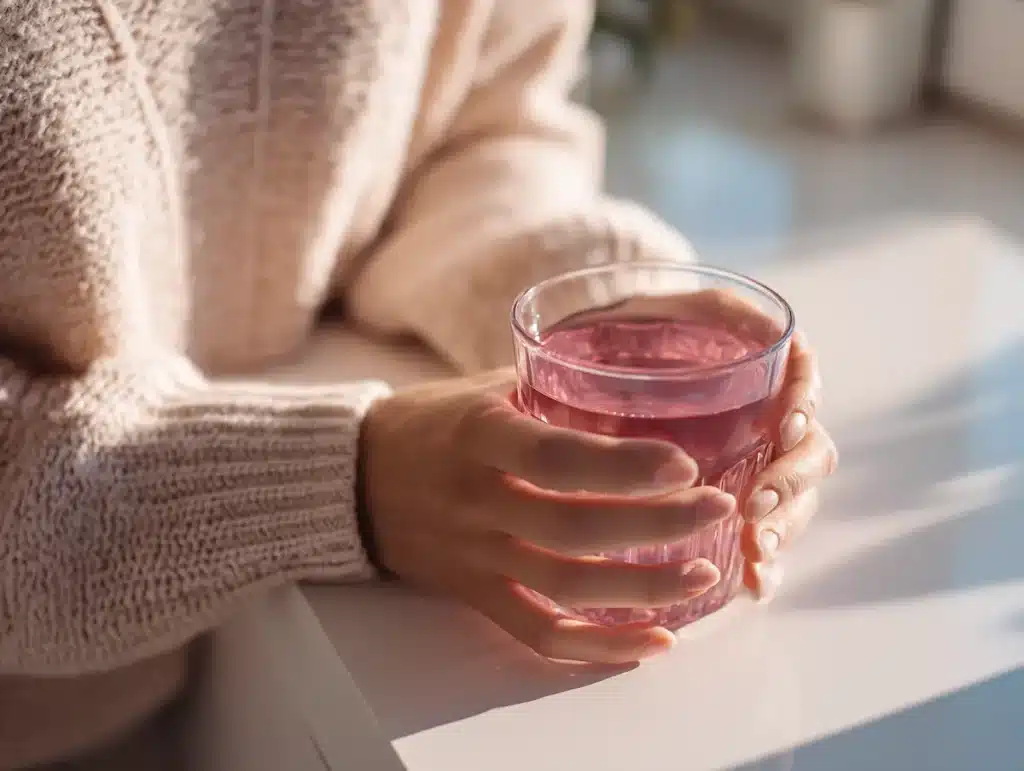 woman holding warm pink gelatin trick gelatide drink at kitchen counter 20 minutes before dinner