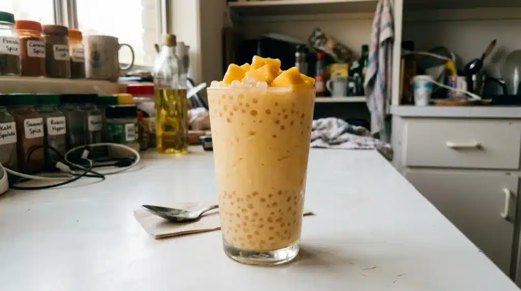 Tall glass of creamy Mango Sago Pudding on a white table