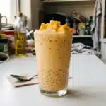 Tall glass of creamy Mango Sago Pudding on a white table