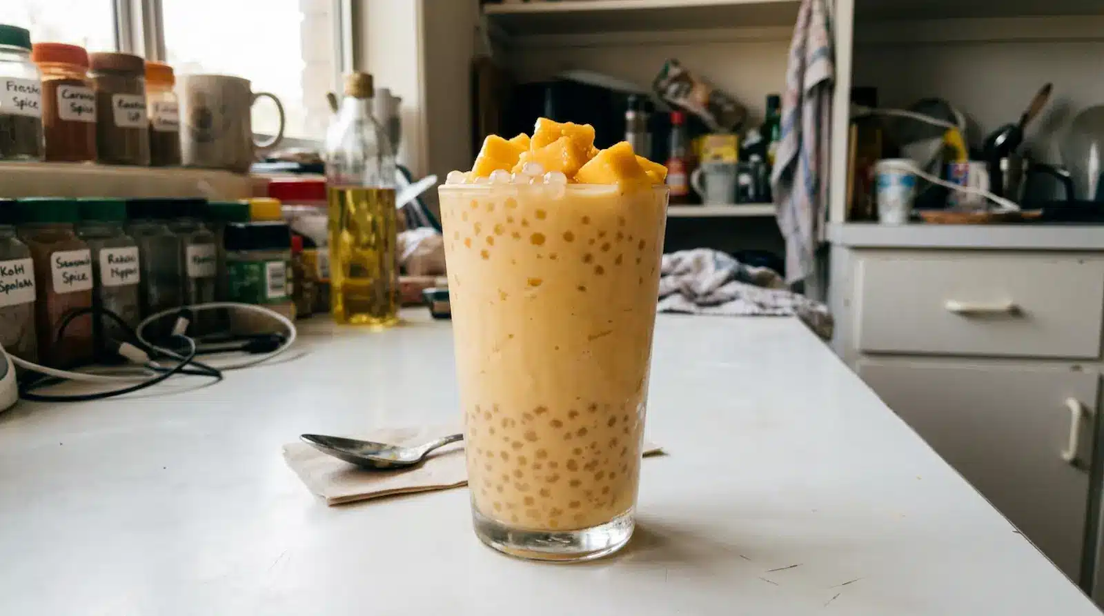 Tall glass of creamy Mango Sago Pudding on a white table