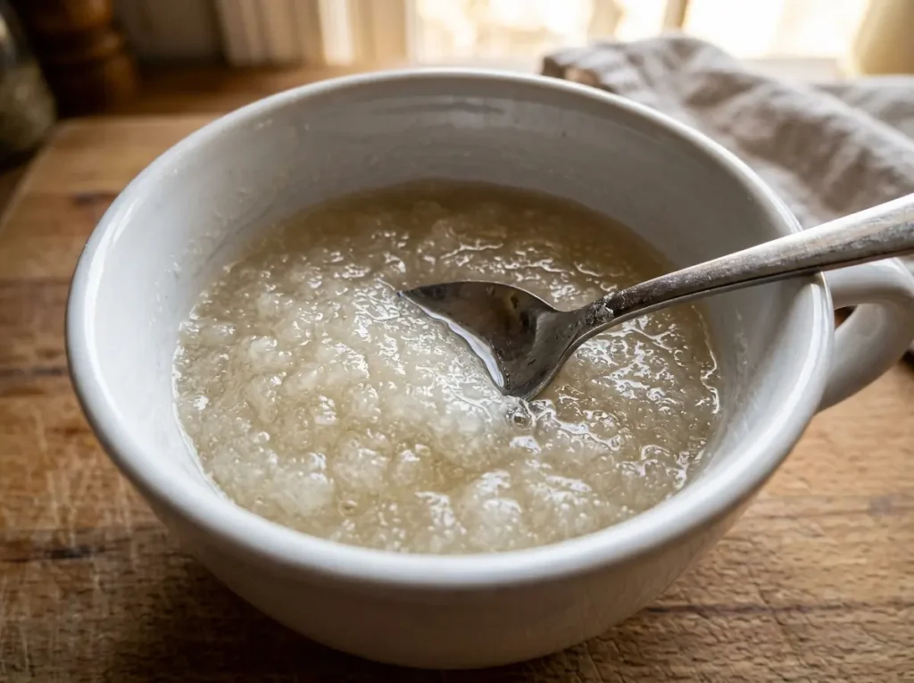 How-To-Bloom-Gelatin-Powder Close up showing how to bloom gelatin powder in cold water until it forms a thick sponge