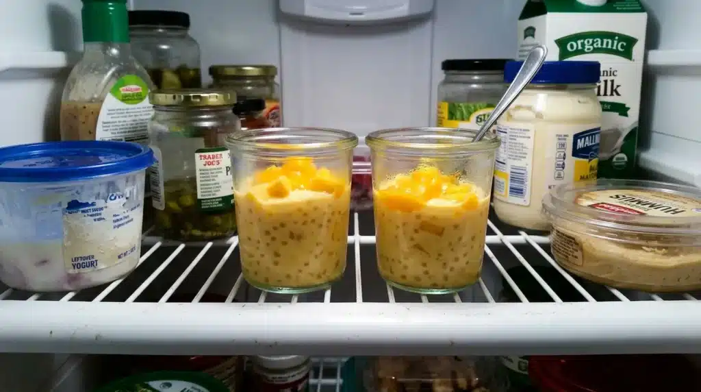 Two glasses of Mango Sago Pudding chilling on a fridge shelf for later