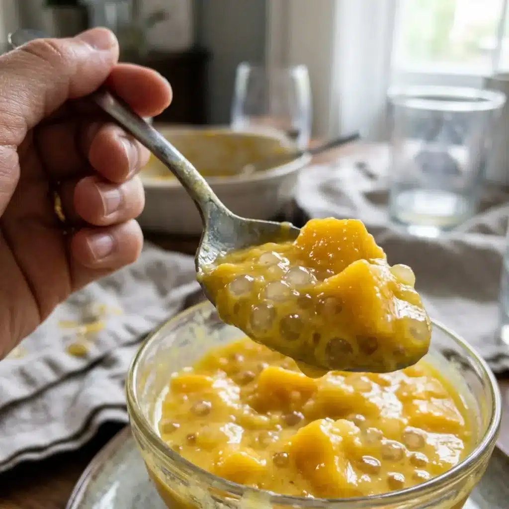 Spoonful of Mango Sago Pudding showing creamy texture and chewy sago pearls