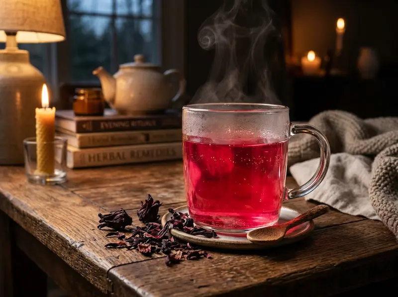 Viral-Pink-Gelatin-Trick-Hibiscus Steaming mug of the viral pink gelatin trick made with hot hibiscus tea