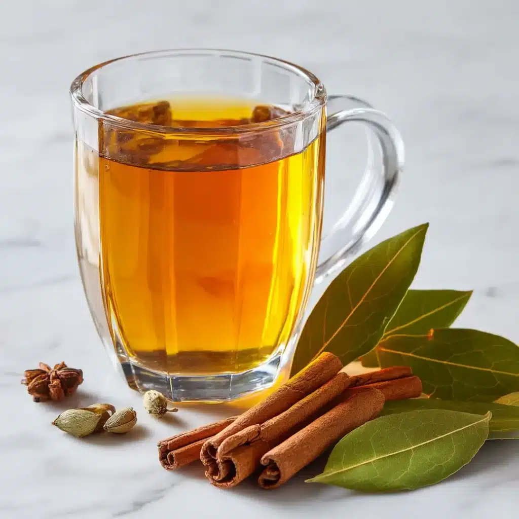 bay-leaf-clove-cinnamon-benefits Bay leaf clove cinnamon tea with spices on white marble