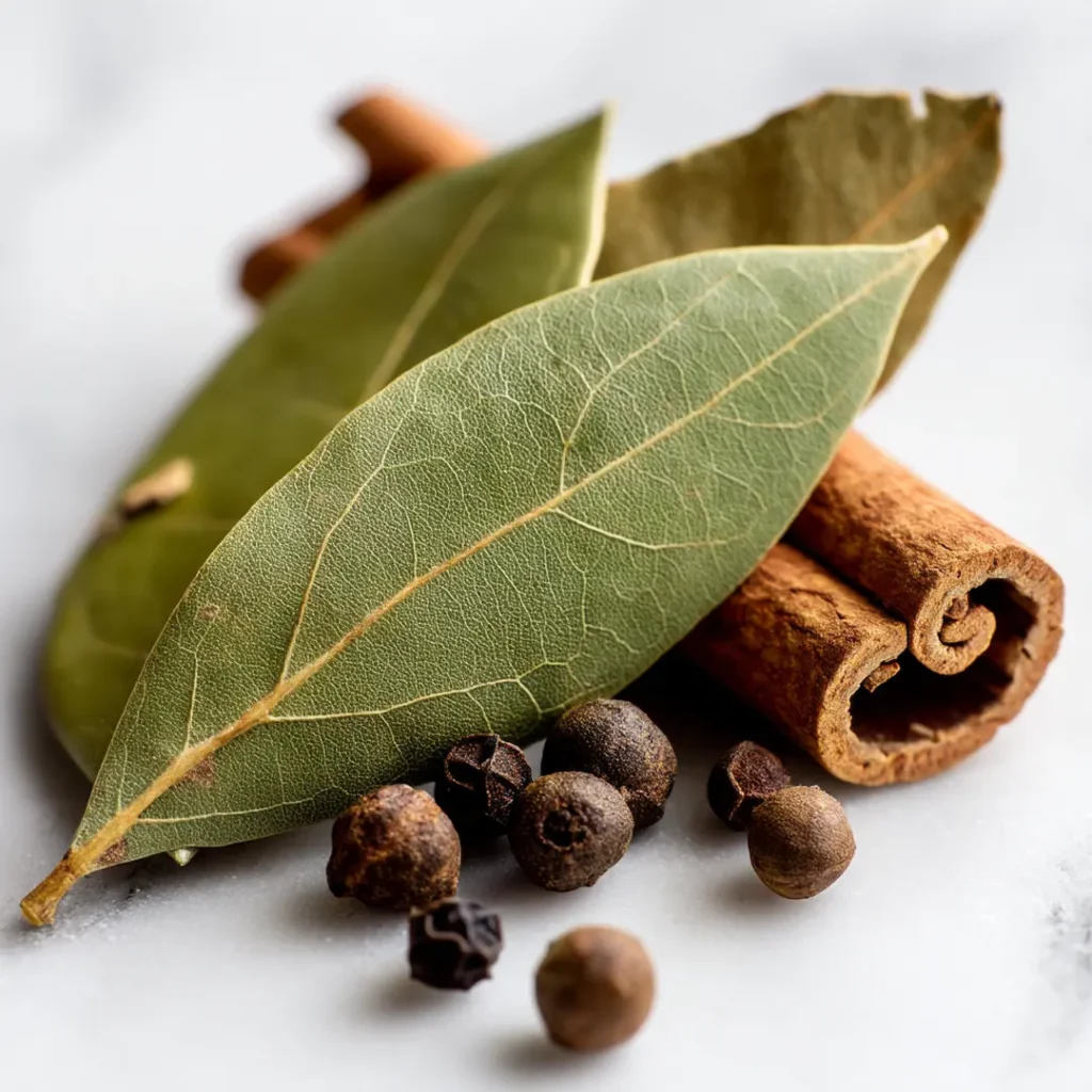 bay-leaf-clove-cinnamon-faq Close-up of bay leaf clove cinnamon spices on white marble