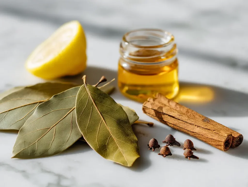 bay-leaf-clove-cinnamon-ingredients Bay leaf clove cinnamon ingredients on white marble