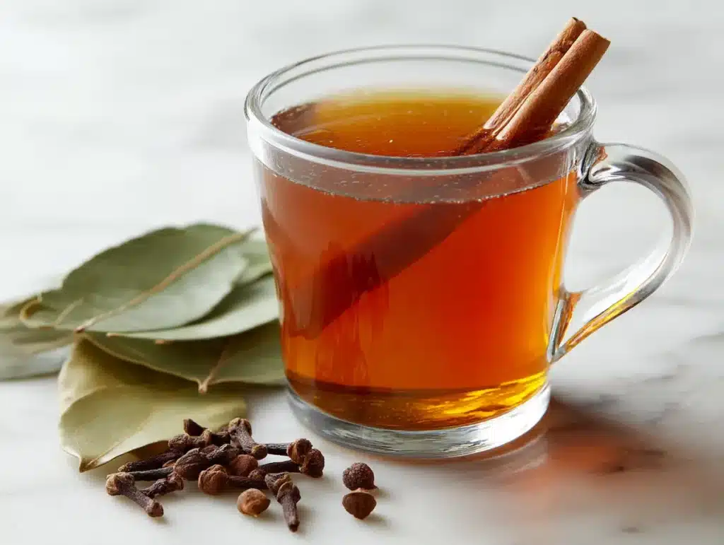 Bay leaf clove cinnamon tea in glass mug on white marble
