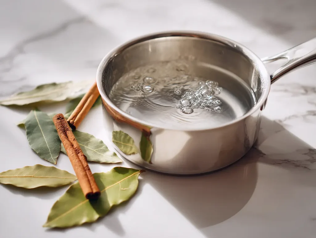bay-leaf-clove-cinnamon-step1 Water boiling in saucepan for bay leaf clove cinnamon tea