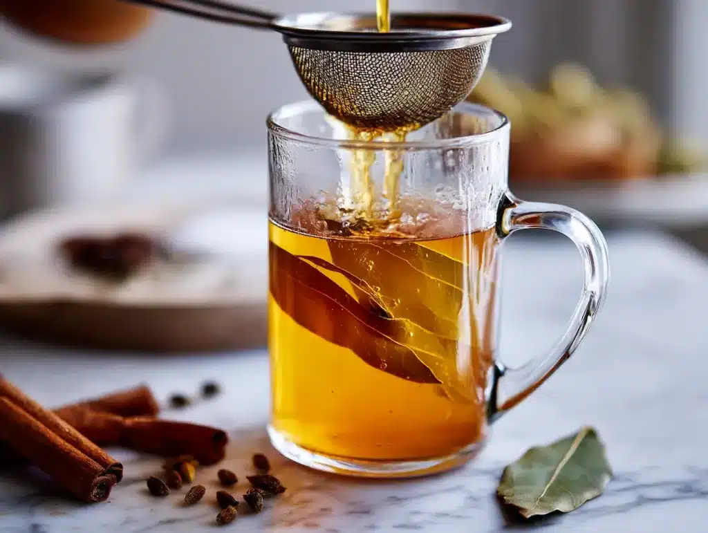 bay-leaf-clove-cinnamon-straining Straining bay leaf clove cinnamon tea through fine mesh
