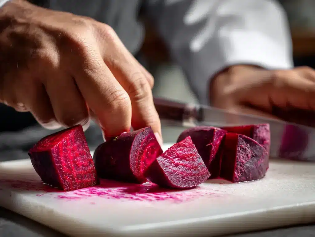 Hands cubing unpeeled fresh red beets for beet kvass recipe on white cutting board