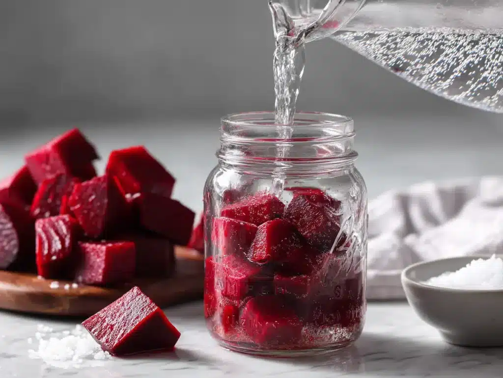 Beet kvass recipe jar at day three showing active fermentation bubbles and deep red color