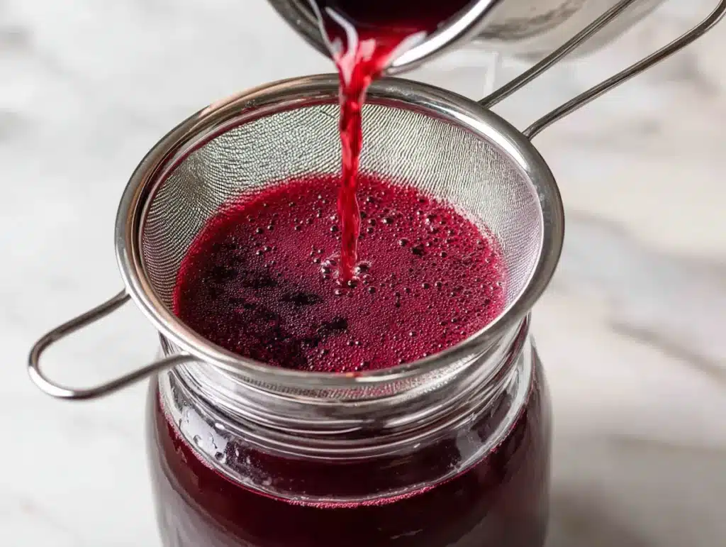 Small glass of finished beet kvass recipe with lemon wheel on white marble