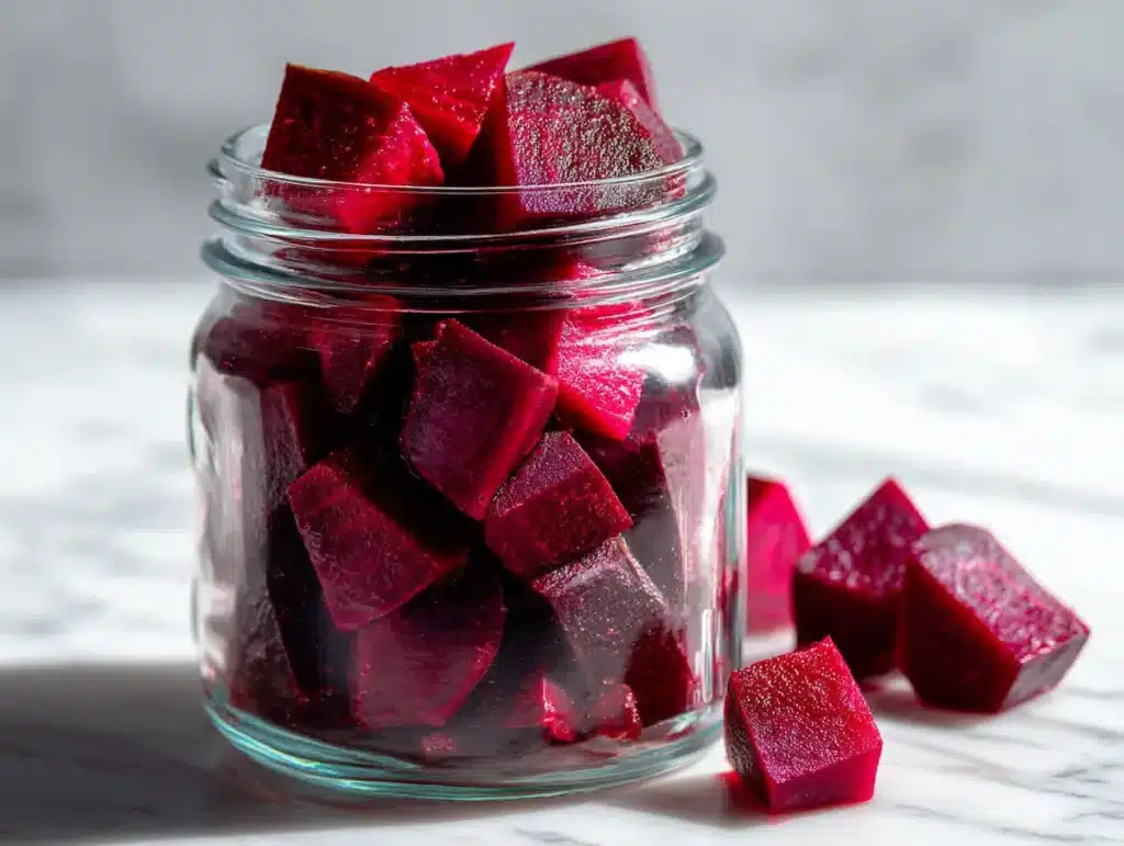 Packing raw beet cubes into mason jar for beet kvass recipe on white marble