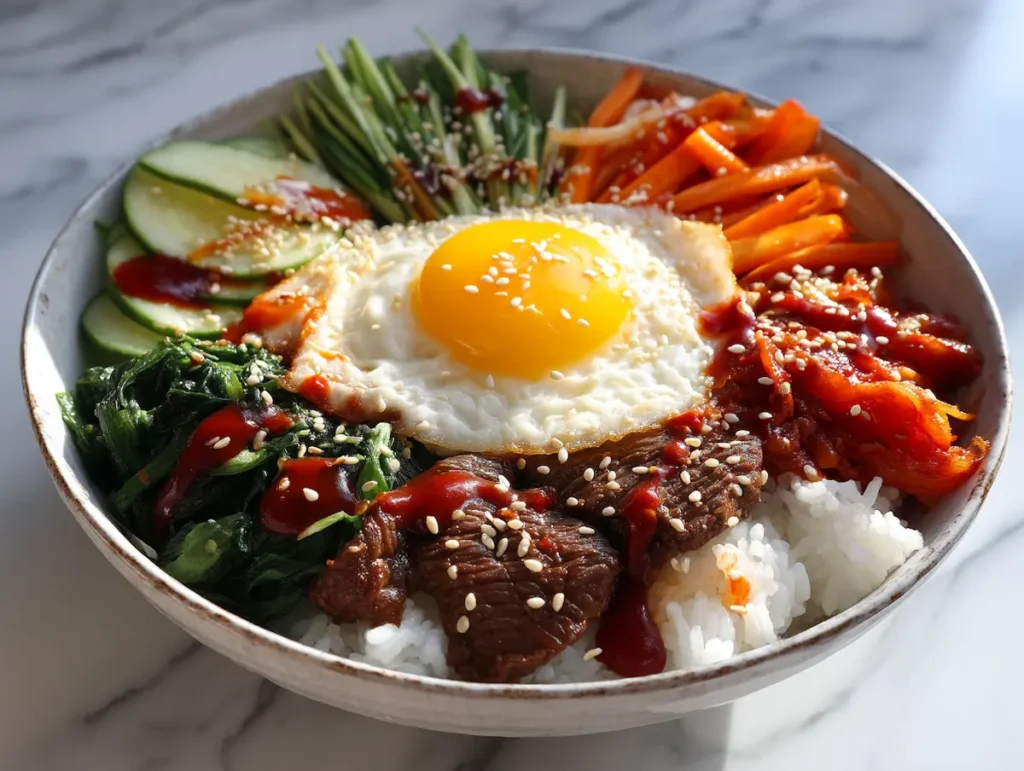 bibimbap-bowl-assembled Assembled bibimbap bowl before mixing with fried egg on top, gochujang sauce, and seasoned vegetables