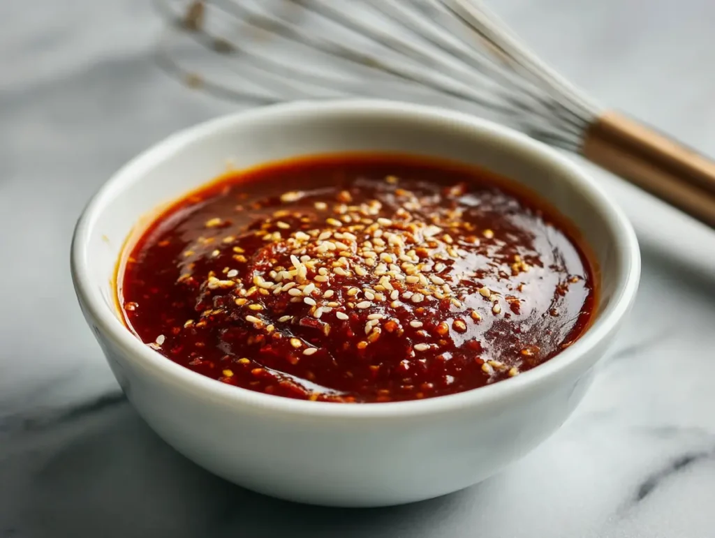 bibimbap-gochujang-sauce Homemade bibimbap gochujang sauce in white ceramic bowl with sesame seeds and garlic