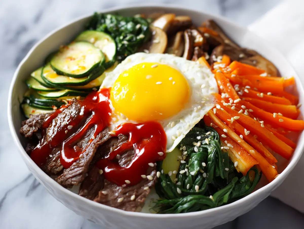 Easy Bibimbap Recipe: Authentic Korean Rice Bowl 2 Authentic bibimbap recipe in white ceramic bowl with seasoned vegetables, marinated beef, fried egg, and gochujang sauce