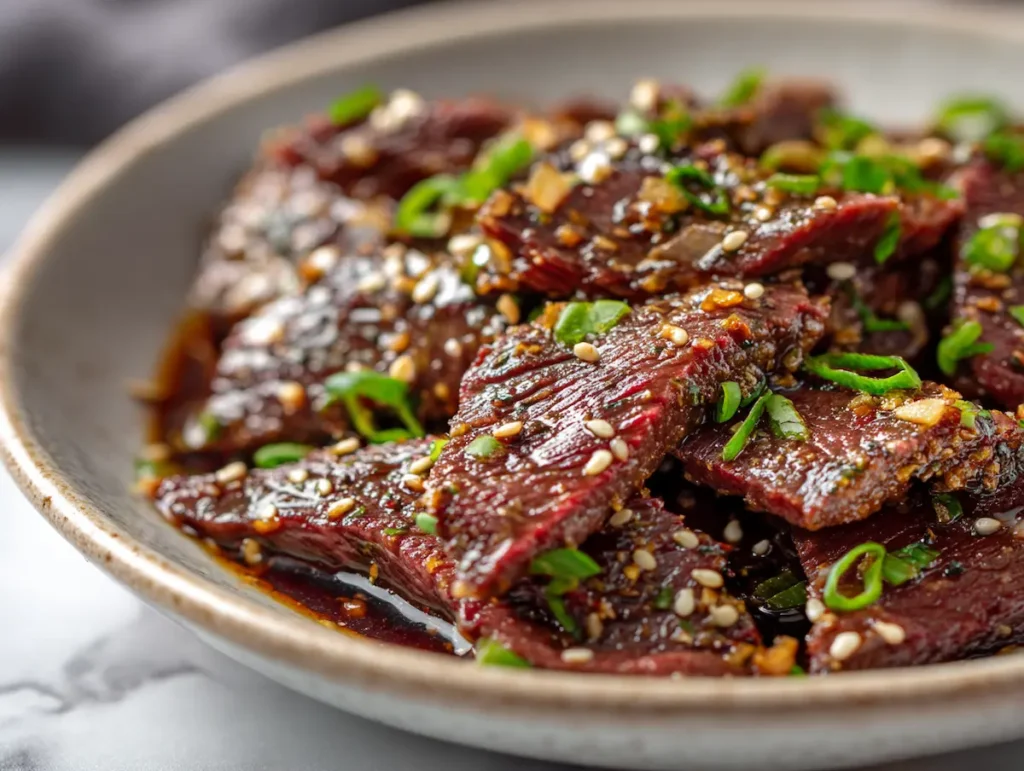 bibimbap-recipe-beef-marinated Thinly sliced marinated beef for bibimbap recipe with soy sesame marinade and sesame seeds